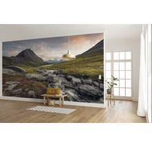 Obývací pokoj s fototapetou horské krajiny