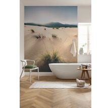 Koupelna s fototapetou písečných dun, vanou a židlí