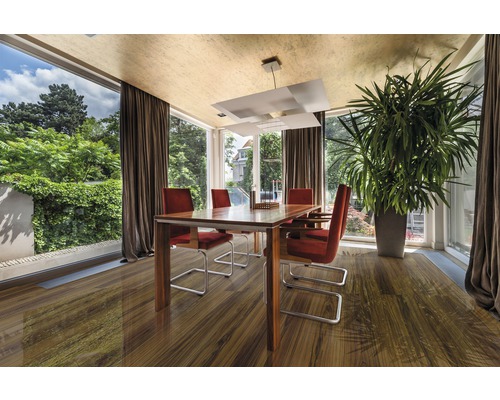 Jídelna s jídelním stolem, židlemi, pokojovou rostlinou a velkým oknem