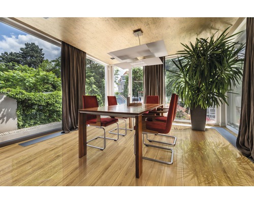 Světlá jídelna s dřevěnou podlahou, jídelním stolem, židlemi, pokojovou rostlinou a denním světlem.