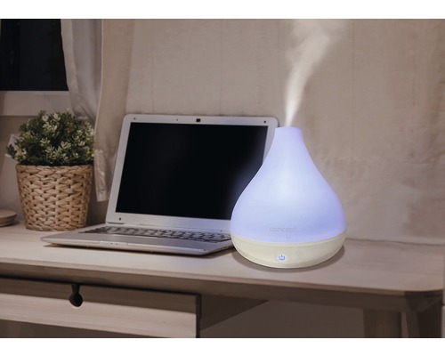 Zvlhčovač vzduchu na stole s notebookem a hrnkovou rostlinou