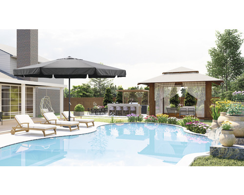 Scéna zahrady s bazénem, lehátky, slunečníkem, zahradním altánem a venkovní kuchyní