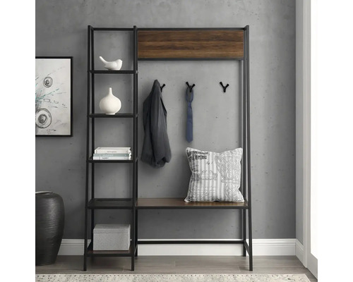 Šatní stojan s policemi, háčky, lavicí a polštářem