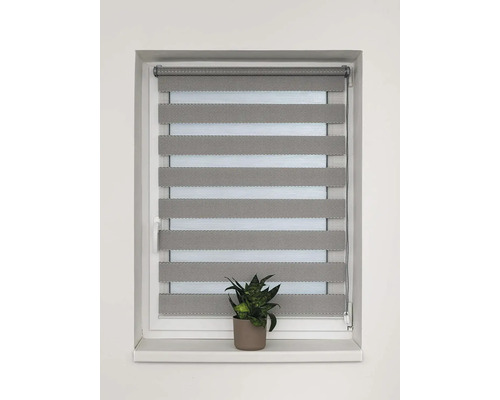 Šedá dvojitá roleta v okně s rostlinou na parapetu