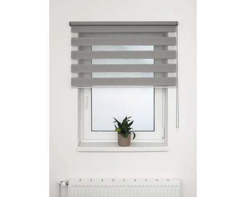 Šedá roleta den a noc před oknem s pokojovou rostlinou