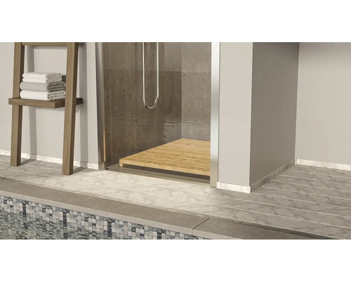 Koupelna se sprchou, dřevěnou podlahou a držákem na ručníky