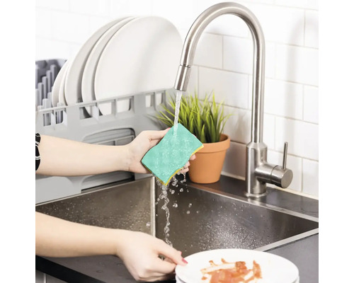 Dřez s odkapávačem, vodovodní baterie, rostlina a osoba s houbičkou