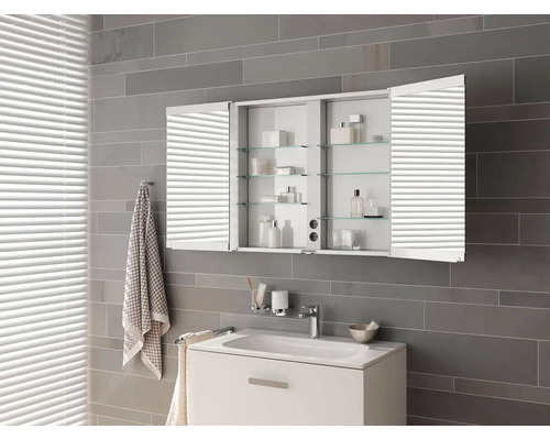 Moderní koupelna s umyvadlovou skříňkou a zrcadlovou skříňkou s otevřenými dveřmi a skleněnými policemi