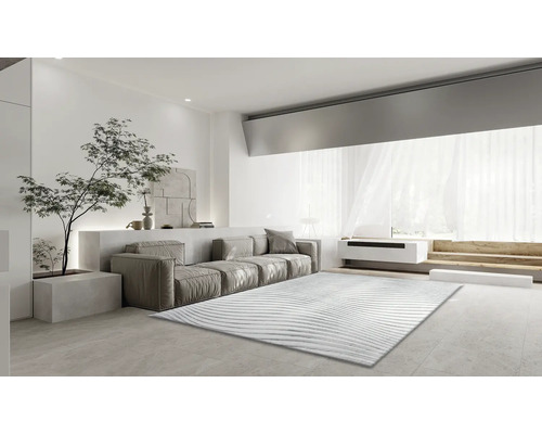 Obývací pokoj s pohovkou, kobercem a pokojovou rostlinou