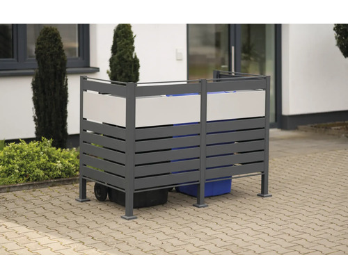 Přístřešek na popelnice WESTMANN Planum 2 plechový 170 x 90 x 120 cm antracit Kontejnerový box se dvěma popelnicemi venku.