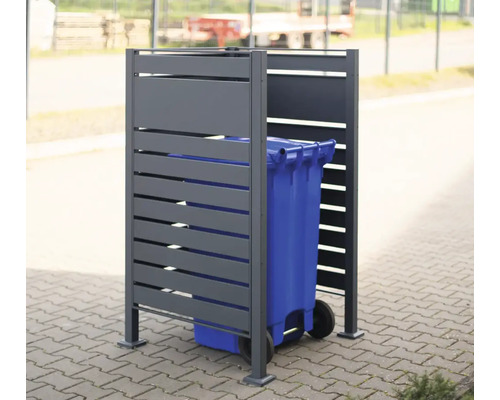 Box na popelnice s vodorovnými lamelami a modrá popelnice