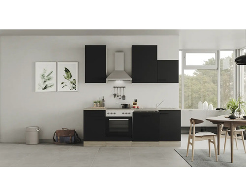 Kuchyňský blok se spotřebiči Flex Well Capri 220 cm barva čela matně černá barva korpusu divoký dub