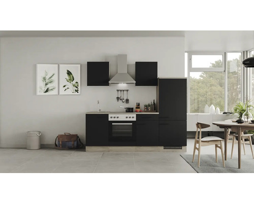 Kuchyňský blok se spotřebiči Flex Well Capri 220 cm barva čela matně černá barva korpusu divoký dub