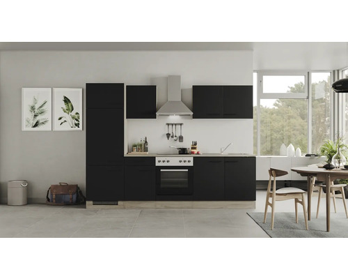Kuchyňský blok se spotřebiči Flex Well Capri 270 cm barva čela matně černá barva korpusu divoký dub
