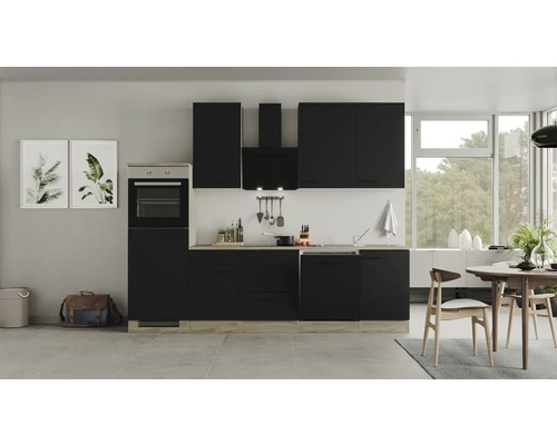 Kuchyňský blok se spotřebiči Flex Well Capri 280 cm barva čela matně černá barva korpusu divoký dub