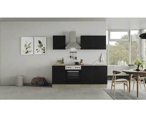 Kuchyňský blok se spotřebiči Flex Well Capri 210 cm barva čela matně černá barva korpusu divoký dub