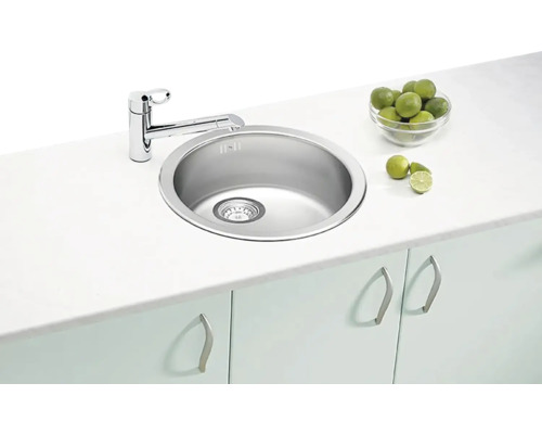 Kulatý nerezový dřez s vodovodní baterií a spodní skříňkou