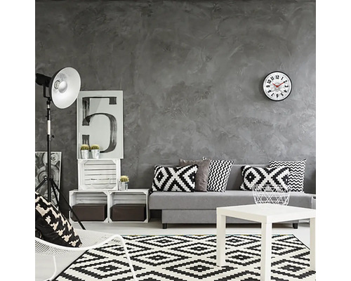 Obývací pokoj s pohovkou, stolem, kobercem a dekorací v černé, bílé a šedé barvě