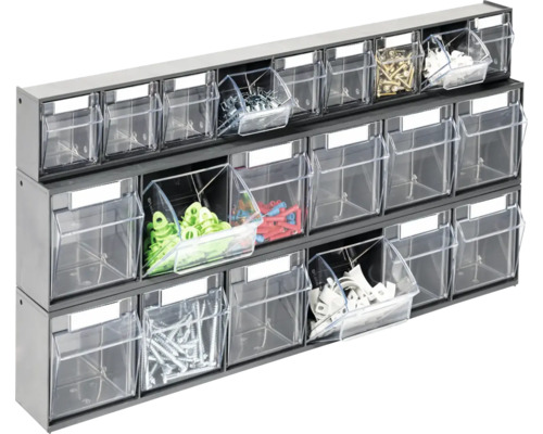 Dílenský regál s průhlednými zásuvkami pro uložení drobných dílů