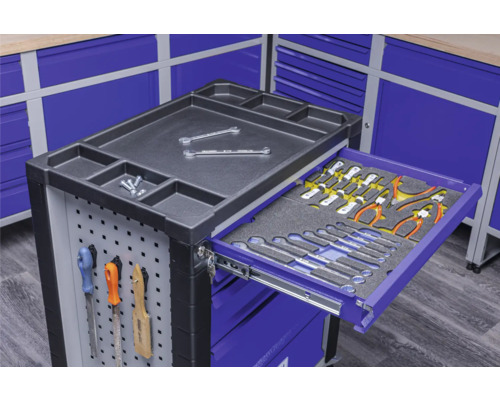 Dílenský vozík s nářadím a úložnými plochami.