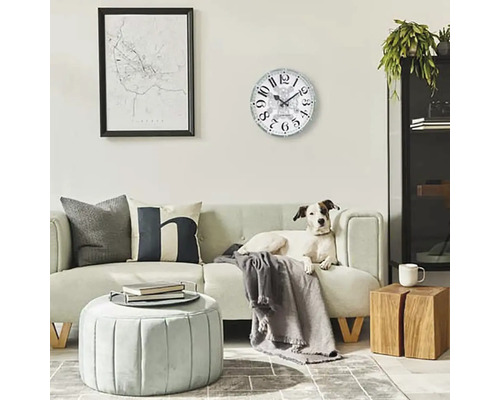 Obývací pokoj s pohovkou, konferenčním stolkem, nástěnnými hodinami a psem