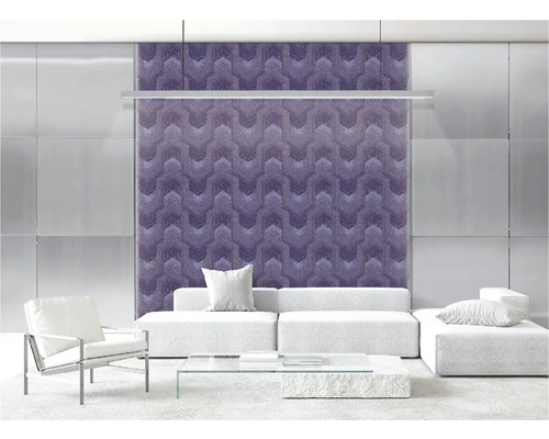 Moderní obývací pokoj s geometrickou tapetou, pohovkou a křeslem