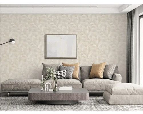 Obývací pokoj s pohovkou, stolem a trojrozměrnou tapetou