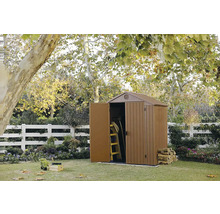 Zahradní scéna s kůlnou s otevřenými dveřmi pro uskladnění zahradního nářadí