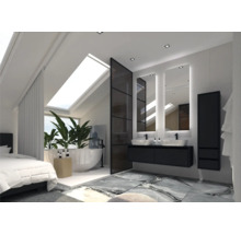 Moderní koupelna s volně stojící vanou, umyvadlem a zrcadlem