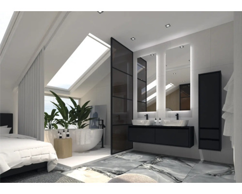 Moderní koupelna s volně stojící vanou, umyvadlem a zrcadlem