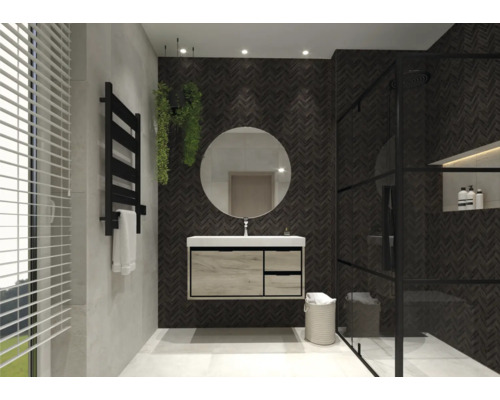 Moderní koupelna s umyvadlem, zrcadlem a sprchou