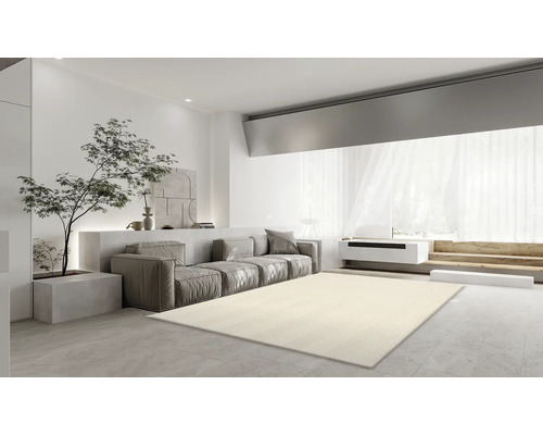 Světlý obývací pokoj s pohovkou, stromem a kobercem