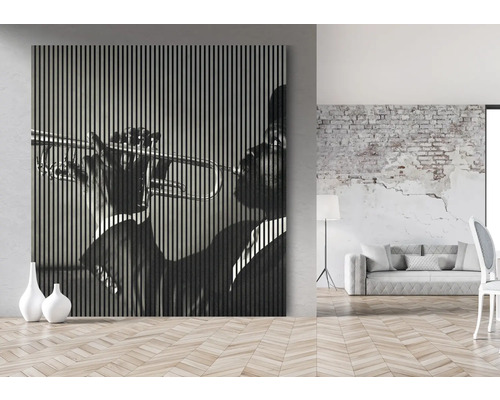 Dekorativní stěnový panel s vyobrazením trumpetisty v obývacím pokoji