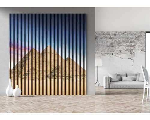 Akustický panel s motivem pyramid v moderně zařízeném pokoji