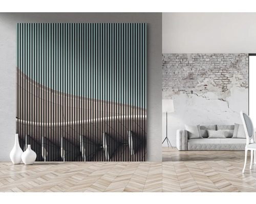 Dekorativní nástěnný panel s architektonickým motivem v moderním prostoru