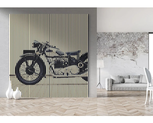 Nástěnný obraz s motivem motocyklu v moderním obývacím pokoji.
