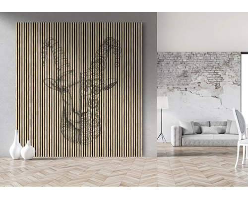 Dekorativní stěnový panel s designem kozy v moderním obývacím pokoji.