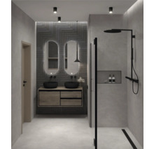 Moderní koupelna s dvojitým umyvadlem, zrcadly, sprchou a osvětlením.