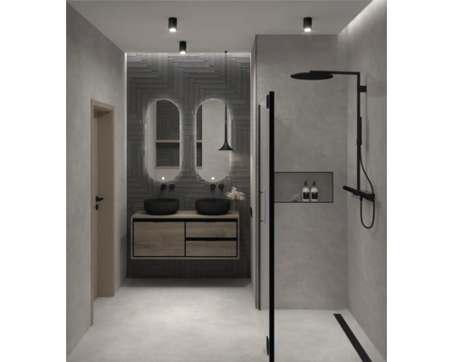 Moderní koupelna s dvojitým umyvadlem, zrcadly, sprchou a osvětlením.