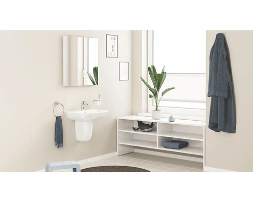 Světlá koupelna s umyvadlem, zrcadlovou skříňkou, regálem a dekoracemi pro organizovaný dojem.