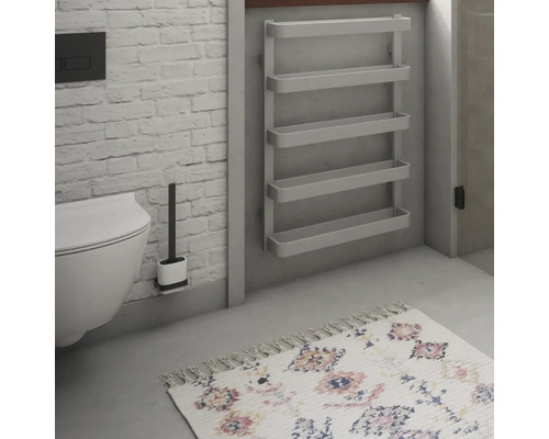 Koupelna s toaletou, toaletním kartáčem, kobercem a nástěnnou policí se čtyřmi policemi