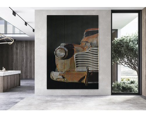 Dekorativní nástěnný panel s abstraktním motivem auta v moderním pokoji.