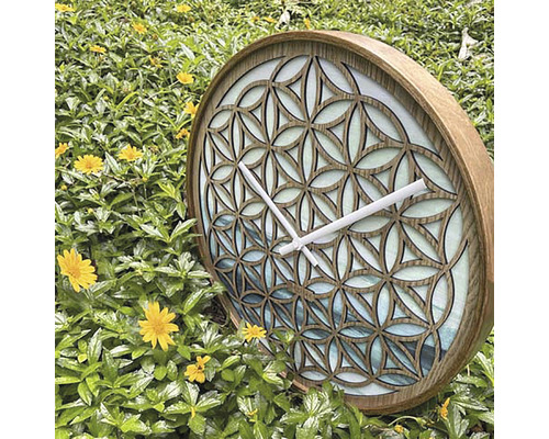 Dekorativní nástěnné hodiny s motivem květu života a dřevěným rámem