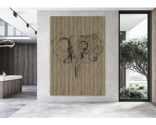 Dřevěný stěnový panel s designem slona v moderně zařízené místnosti