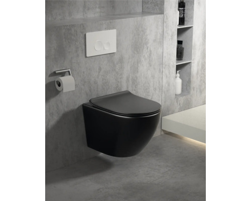 Černá závěsná toaleta s držákem toaletního papíru a ovládacím panelem v moderně zařízené koupelně.