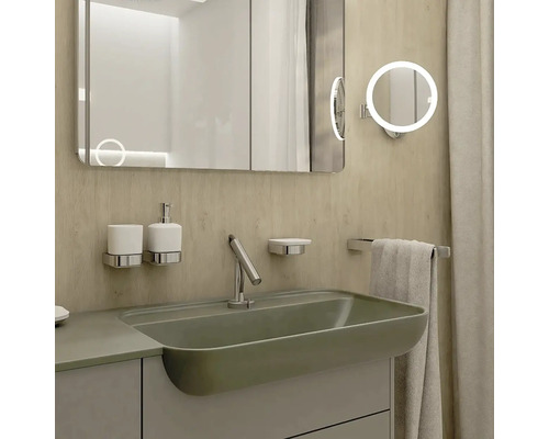 Koupelnové umyvadlo s baterií, zrcadlem, kosmetickým zrcátkem, dávkovačem mýdla a držákem ručníků