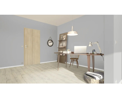 Moderní pracovna se stolem, židlí, policemi a dveřmi