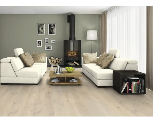 Obývací pokoj s krbovými kamny, pohovkami a dřevěnou podlahou