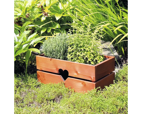 Dřevěný truhlík s tvarem srdce na zeleném povrchu