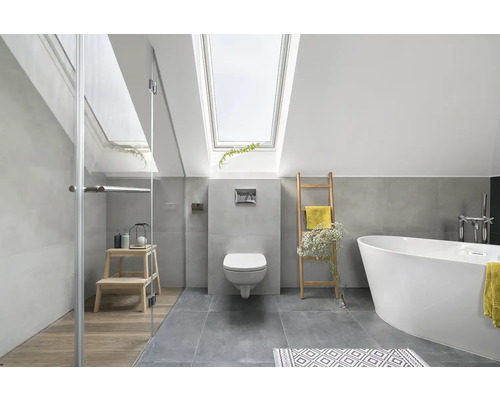 Moderní koupelna se sprchou, vanou, toaletou a střešním oknem